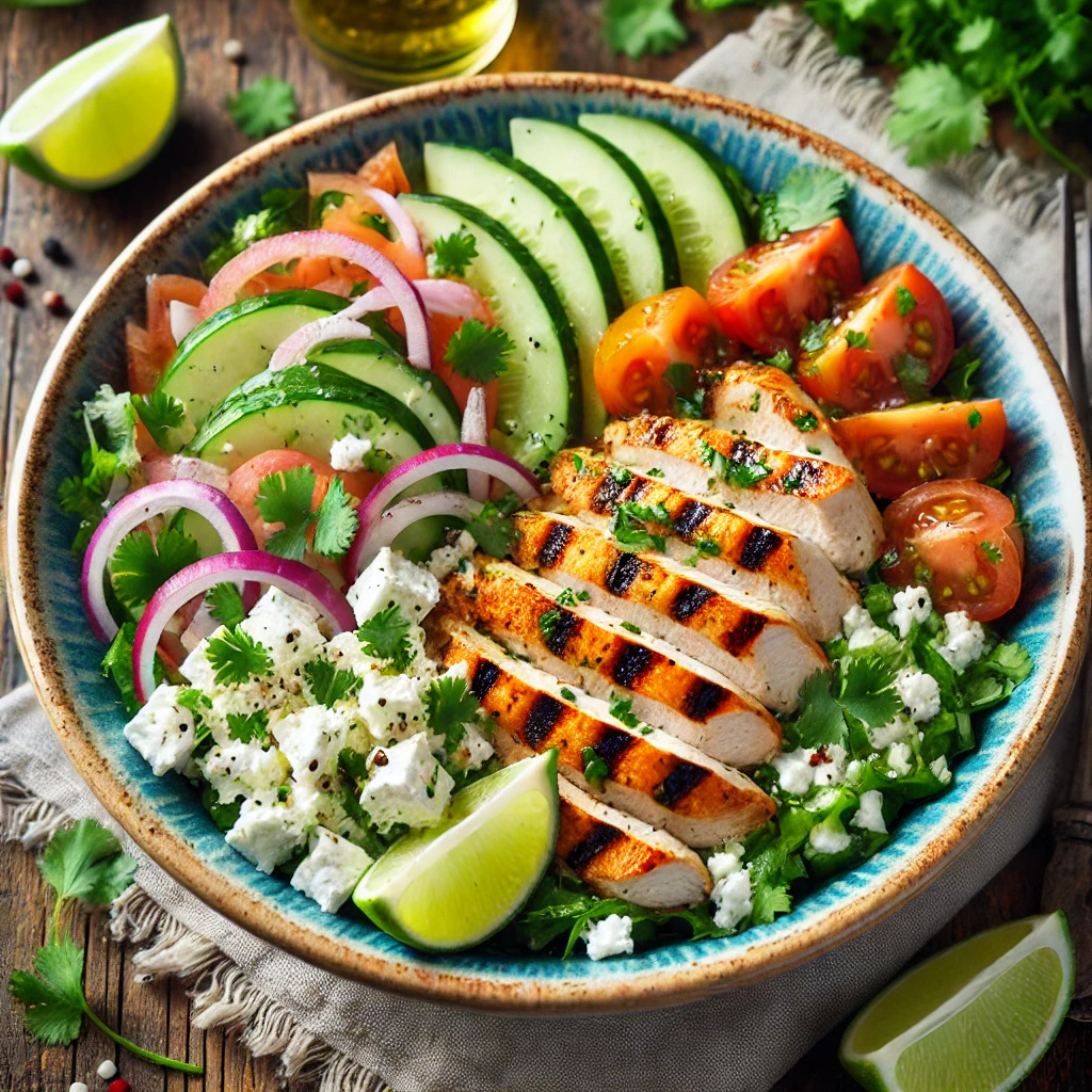 A colorful feta cilantro bowl with grilled chicken, featuring grilled chicken slices, crumbled feta cheese, fresh cilantro, diced tomatoes, cucumber slices, and red onions. The dish is garnished with lime wedges and a light dressing, presented on a rustic wooden table with cilantro and lime in the background.