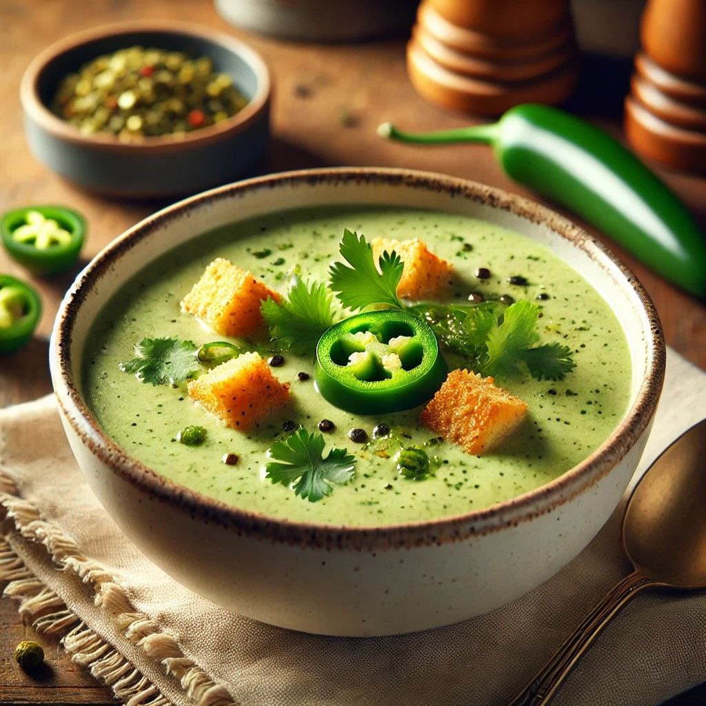 A bowl of cream of jalapeno soup with a smooth, creamy light green texture, garnished with jalapeno slices, cilantro, and croutons. The soup is steaming and set on a wooden table with a rustic spoon and napkin nearby, creating a cozy kitchen atmosphere.