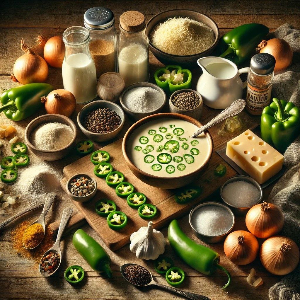 An arrangement of the ingredients for Cream of Jalapeno soup, including jalapeños, diced onions, minced garlic, butter, flour, chicken and vegetable broth, heavy cream, cumin, salt, pepper, and shredded cheese, displayed around a wooden bowl of the creamy soup on a rustic wooden table with warm natural lighting.