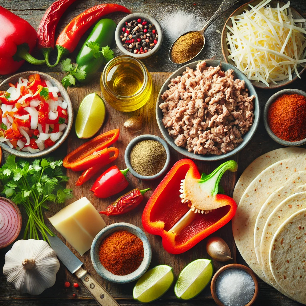 A flat lay of the ingredients for turkey burritos, including ground turkey, roasted red bell peppers, chopped onion, minced garlic, olive oil, ground cumin, smoked paprika, chili powder, whole wheat tortillas, shredded cheese, fresh cilantro, and lime wedges, arranged on a rustic wooden surface for a vibrant and fresh look.