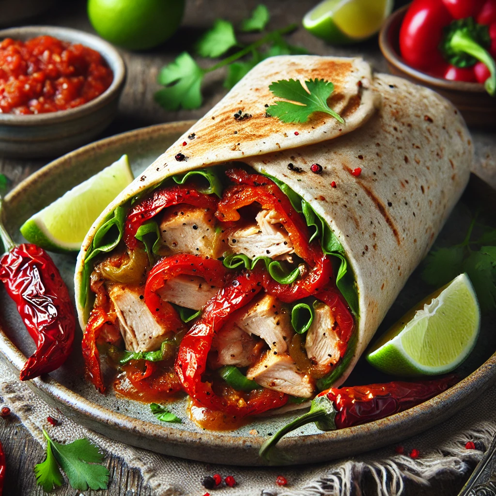 A close-up image of a turkey burrito sliced open, revealing a colorful filling of seasoned turkey, smoky roasted red peppers, and fresh greens, all wrapped in a whole wheat tortilla. The dish is garnished with fresh cilantro and served on a rustic plate, accompanied by lime wedges and a small bowl of salsa. The presentation highlights the balance of flavor and nutrition in this healthy and satisfying meal.