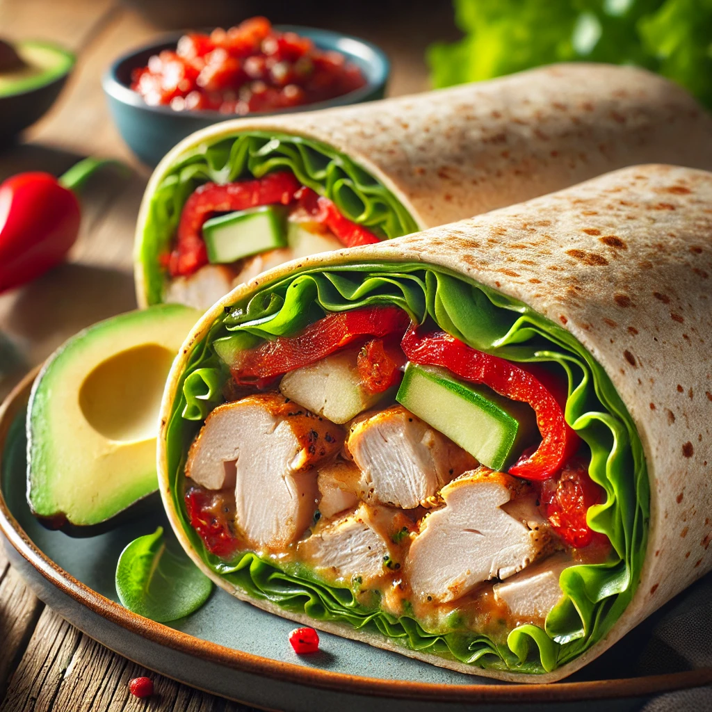 A close-up of a turkey burrito sliced open, showcasing the roasted red peppers, lean turkey, and fresh greens wrapped inside a whole wheat tortilla. The burrito is served on a modern plate with a side of avocado slices and salsa, all set against a rustic wooden background.