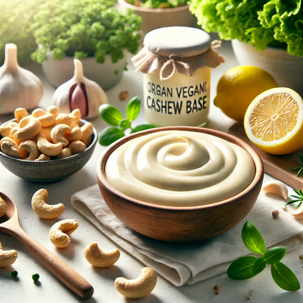 A bowl of Vegan Organic Cashew Base on a white kitchen counter, surrounded by raw cashews, lemon, garlic, and fresh herbs. Leafy greens and a wooden spoon in the background.