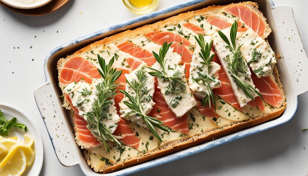 Close-up of a protein-packed combo tuna and salmon loaf fresh out of the oven.