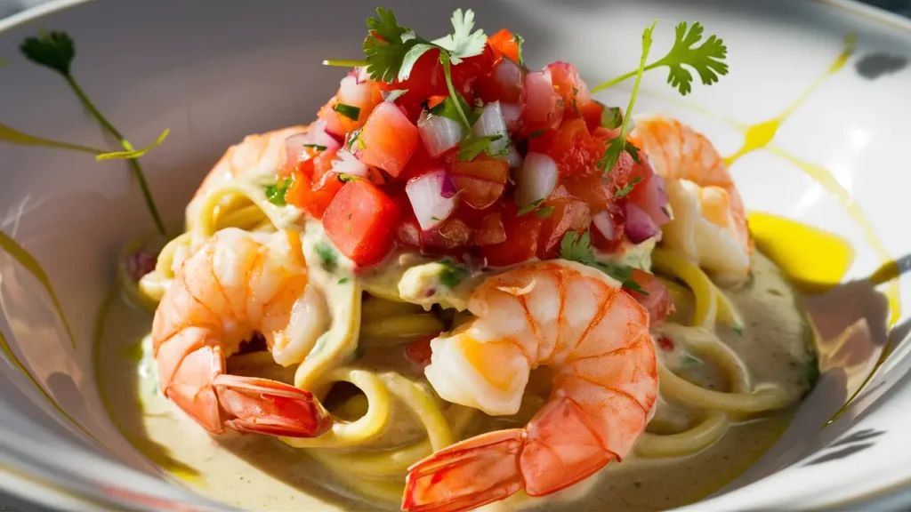 Delicious shrimp and pasta dish with fresh tomato and onion salsa.