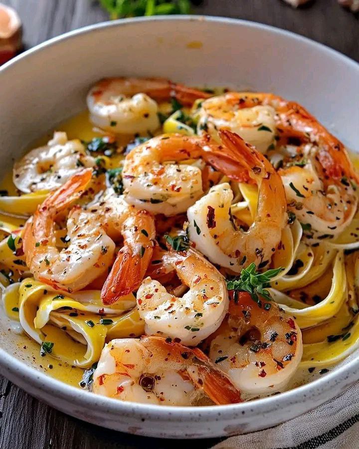 Close-up of shrimp pasta garnished with pico de gallo.