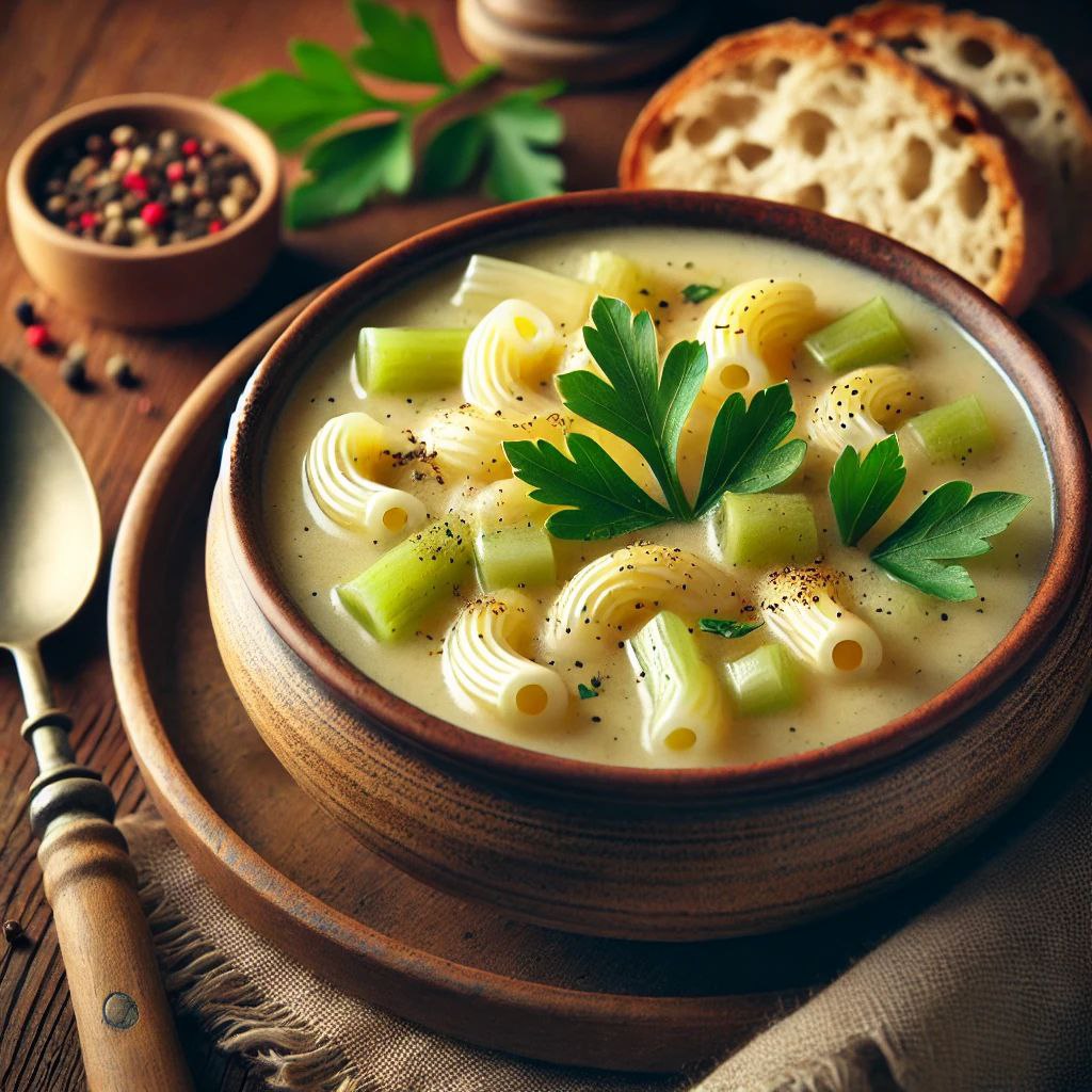 A warm bowl of creamy celery soup with soft macaroni. The light green soup has small pieces of celery, with macaroni floating in it. Garnished with fresh herbs, the soup is served in a white bowl on a rustic wooden table, with a spoon beside it, and steam gently rising, giving a cozy and comforting feel.