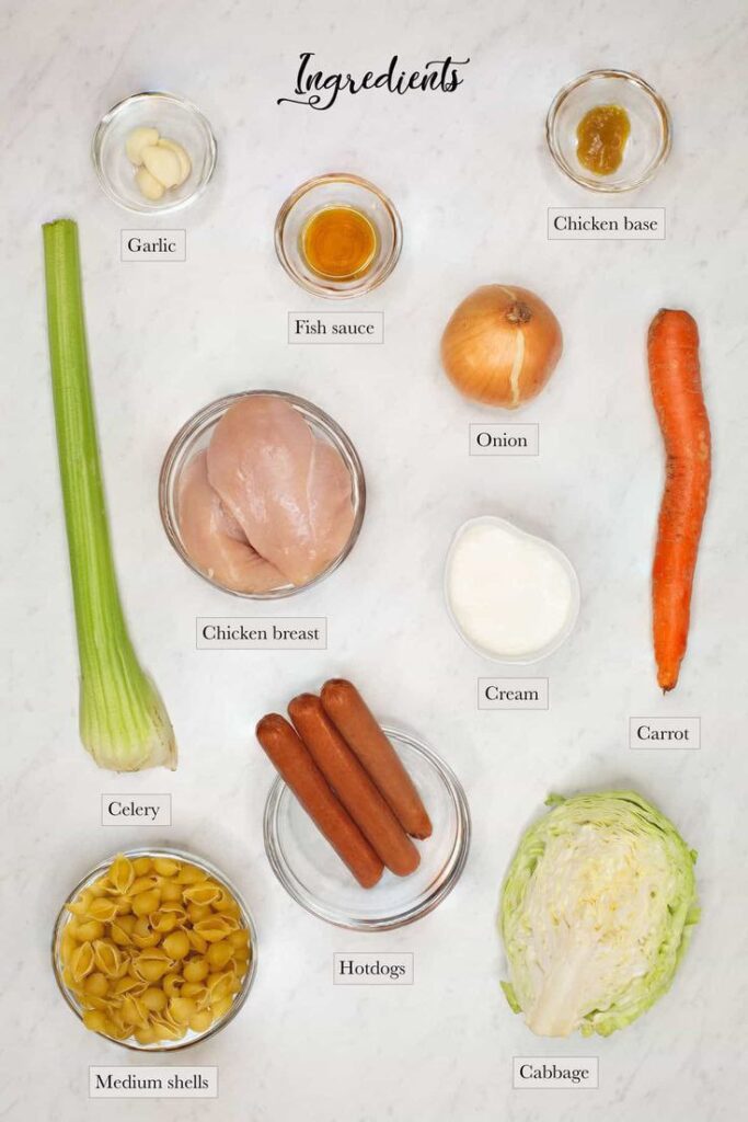 Garlic, fish sauce, chicken base, onions, chicken breast, cream, carrot, celery, hotdogs, cabbage, and medium-shelled pasta as a display for the preparation to cook pasta with cream of celery soup.