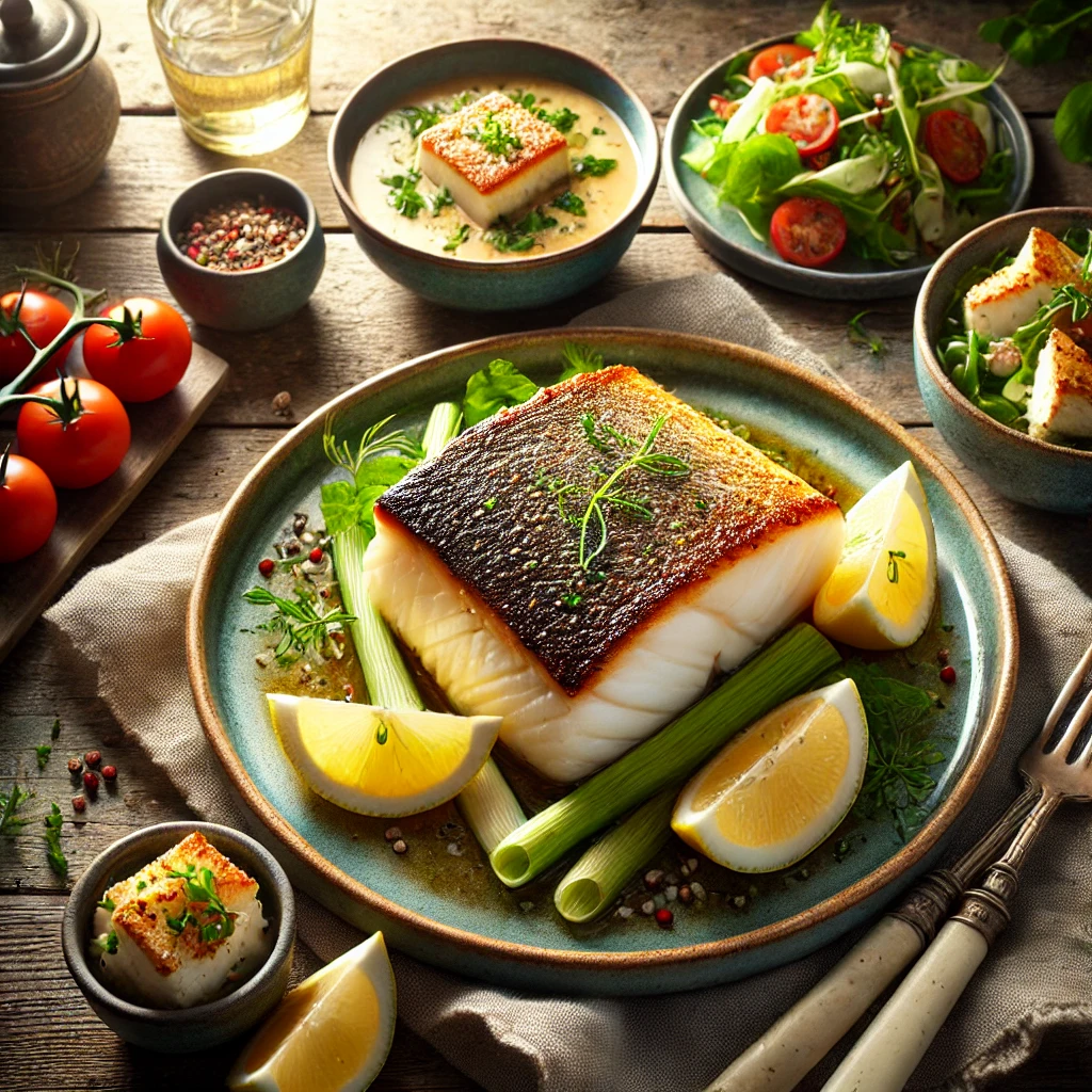 A beautifully plated black cod fillet garnished with lemon wedges and fresh herbs, set on a rustic wooden table. The presentation is elegant and inviting.