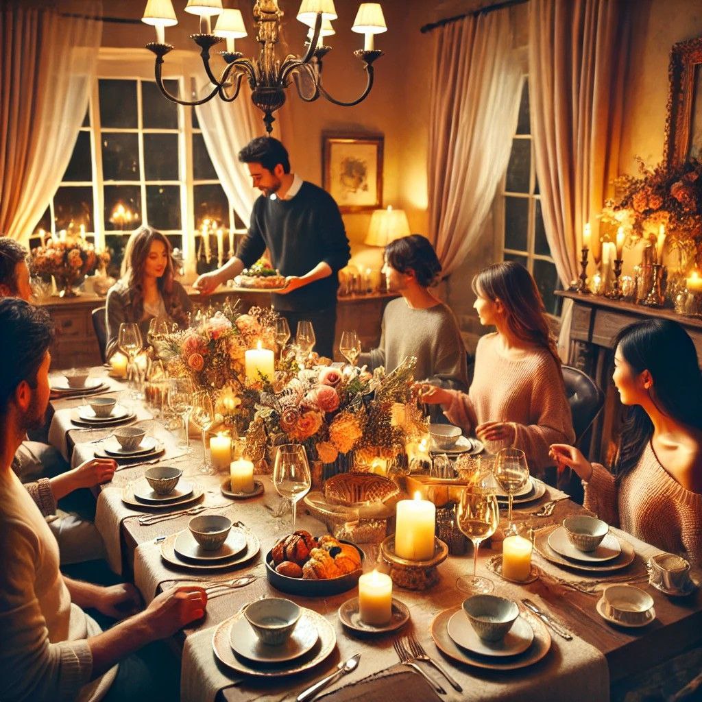 A warm and elegant dinner party setting in a cozy dining room with guests seated around the table, engaging in conversation. The table has a variety of food and drinks. The room is creating a festive and welcoming atmosphere.