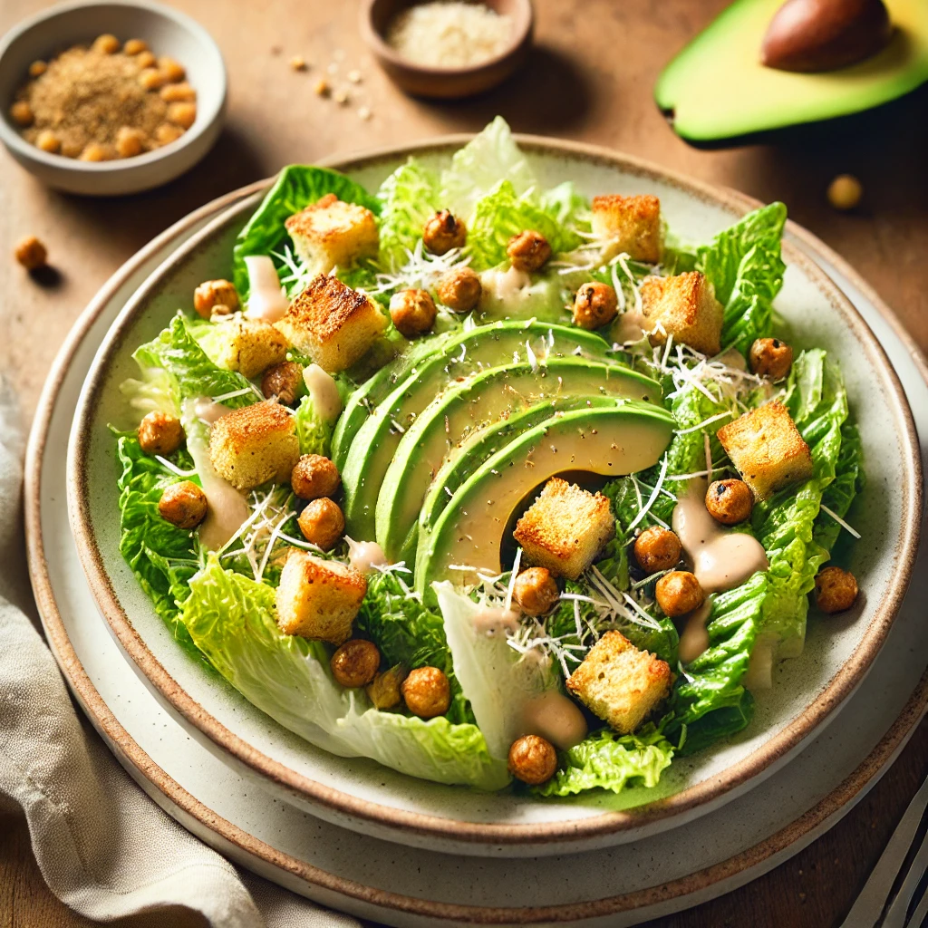 A plate of vegan Caesar salad with crisp romaine lettuce, golden croutons, creamy vegan dressing drizzled on top, garnished with slices of avocado, and a few roasted chickpeas for added texture, presented on a simple wooden table with soft natural lighting.